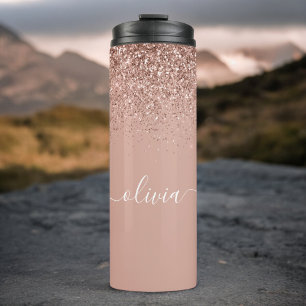 Roze Goud Roze Glitter Meisjesachtige Monogram Naa Thermosbeker