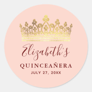 Roze Goud Roze Kroon Elegante Naam Quinceanera Ronde Sticker