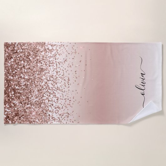 Roze Goud - Roze Roze Glitter Metaal Initialen Naa Strandlaken (Voorkant)