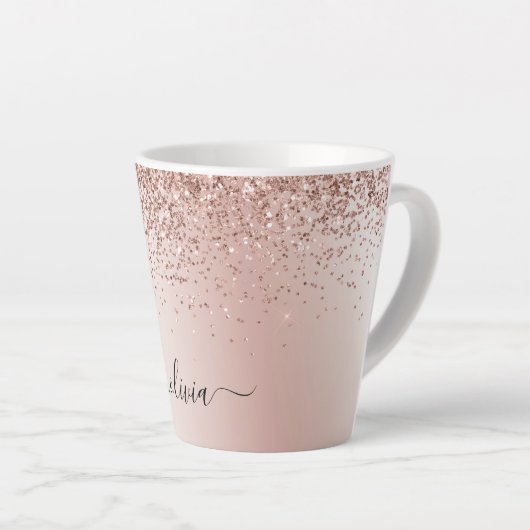Roze Goud - Roze Roze Glitter Metaal Monogram Naam Latte Mok (Rechterhoek)