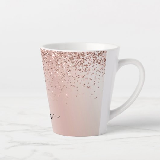 Roze Goud - Roze Roze Glitter Metaal Monogram Naam Latte Mok (Rechts)
