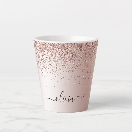 Roze Goud - Roze Roze Glitter Metaal Monogram Naam Latte Mok (Voorkant)