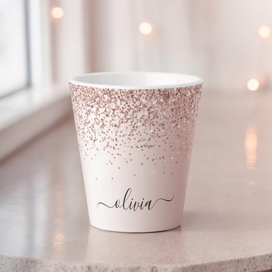 Roze Goud - Roze Roze Glitter Metaal Monogram Naam Latte Mok