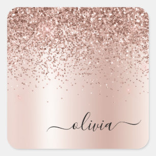 Roze Goud - Roze Roze Glitter Metaal Monogram Naam Vierkante Sticker
