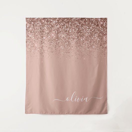 Roze Goud Roze Roze Glitter Schrift Monogram Vrouw Wandkleed (Voorkant)