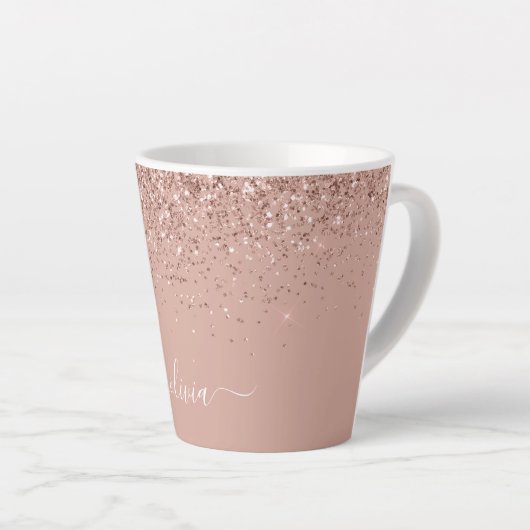 Roze Goud Roze Roze Glitter Script Monogram Meisje Latte Mok (Rechterhoek)