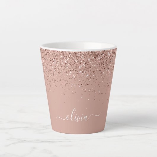 Roze Goud Roze Roze Glitter Script Monogram Meisje Latte Mok (Voorkant)