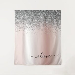 Roze Goud - Roze Roze Glitter Zilver Monogram Wandkleed