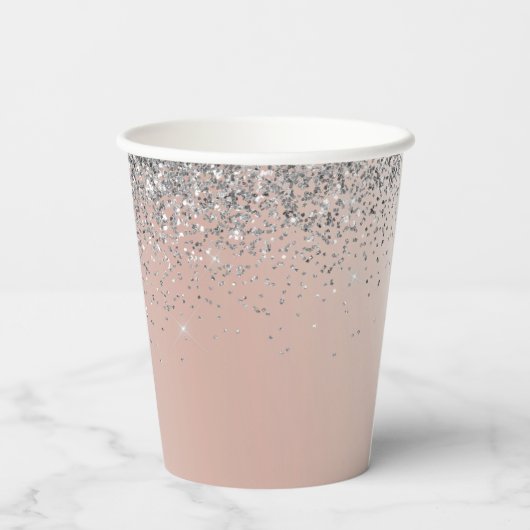 Roze Goud - Roze Roze Zilver Glitter Monogram Papieren Bekers (Achterkant)