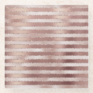 Roze Goud Roze Strepen Glanzend Glazen Onderzetter