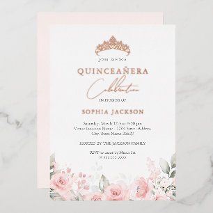 Roze Goud Roze Waterverf Bloem Quinceanera  Folie Uitnodiging