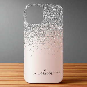Roze Goud - Roze Zilveren Glitter Monogram iPhone 12 Hoesje