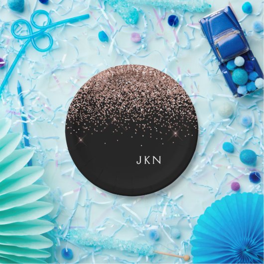 Roze Goud Roze Zwart Glitter Monogram Papieren Bordje (Feest)