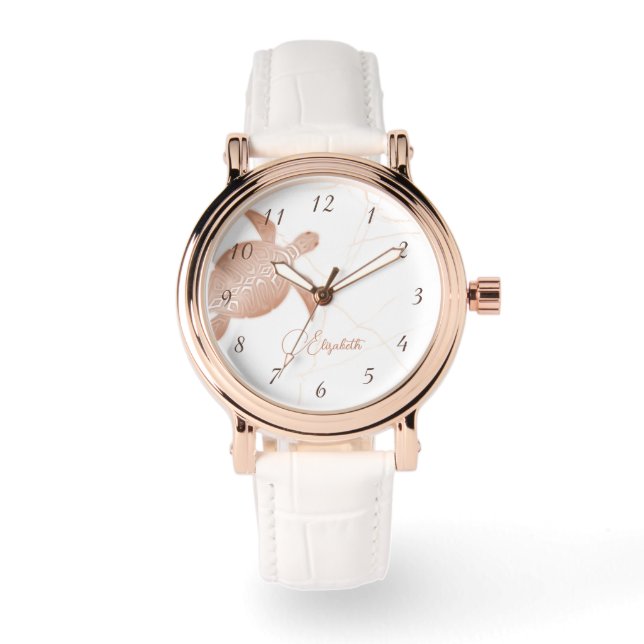 Roze Goud Schildpad Wit Marmer Monogram Horloge (Voorkant)