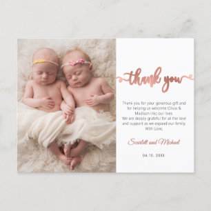 Roze Goud Schrift Meisje Tweeling Baby Foto Bedank Briefkaart