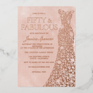 Roze Goud, Stof Roze & Blush Jurk 50ste Verjaardag Folie Uitnodiging