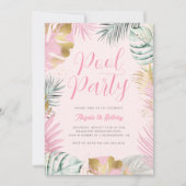 Roze & Goud Tropische bladeren Verjaardag Pool Par Kaart (Voorkant)