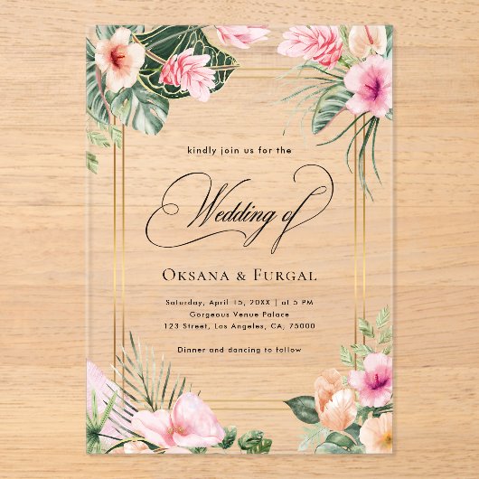 Roze Goud Tropische Strand Bestemming Huwelijk Acryl Uitnodigingen (Voorkant)