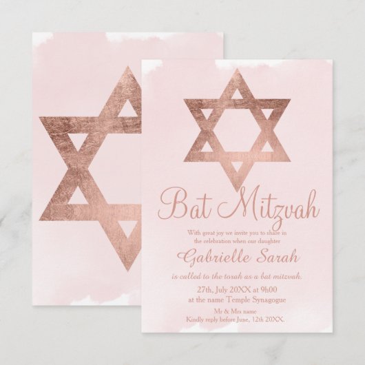 Roze goud typografie blush roze Bat Mitzvah Kaart (Voorkant / Achterkant)