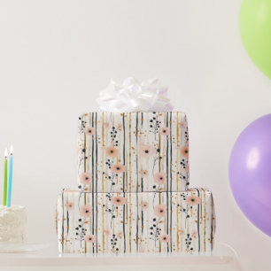 Roze Goud Waterverf Bloem Strepen Verjaardag Cadeaupapier
