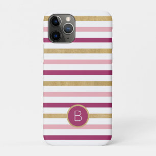 Roze Goud Wit Classic Stripe Monogram iPhone 11 Pro Hoesje