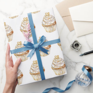 Roze Goud Wit Crème Hart Cupcake Verjaardag Cadeaupapier