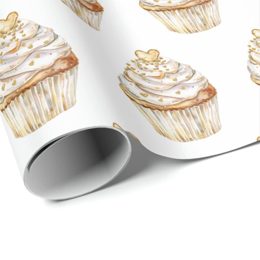 Roze Goud Wit Crème Hart Cupcake Verjaardag Cadeaupapier (Rol Hoek)