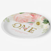 Roze goud wit eerste 1e verjaardag schattig bloeme papieren bordje (Gekanteld)