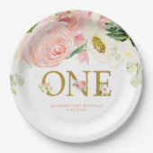 Roze goud wit eerste 1e verjaardag schattig bloeme papieren bordje (Voorkant)