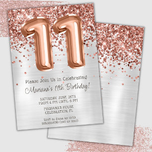 Roze Goud Zilver 11e Verjaardagsfeest Uitnodiging