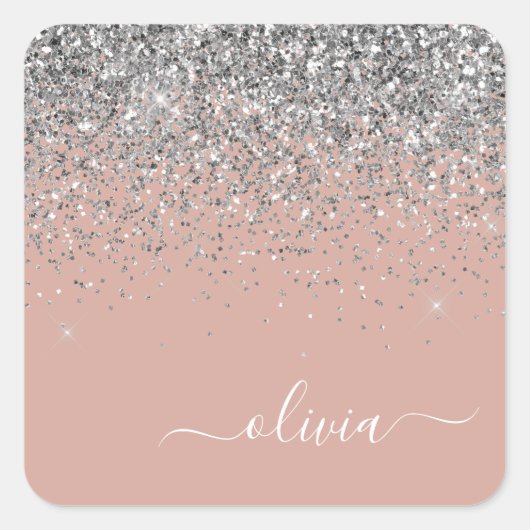 Roze Goud Zilver Glitter Monogram Vierkante Sticker (Voorkant)