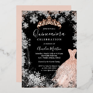 Roze Goud Zilver Zwart Sneeuwvlok Quinceanera Folie Uitnodiging