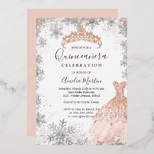 Roze Goud Zilveren Sneeuwvlok Winter Quinceanera  Folie Uitnodiging
