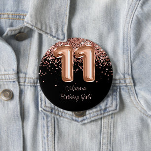 Roze Goud Zwart 11e Verjaardagsfeestje Ronde Button 4,0 Cm
