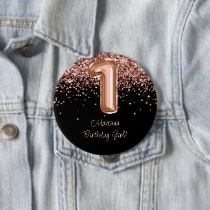 Roze Goud Zwart 1e Verjaardagsfeestje Ronde Button 4,0 Cm