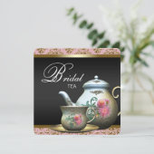 Roze Goud Zwart Damask Tea Cup Vrijgezellenfeest Kaart (Staand voorkant)