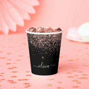 Roze Goud Zwart Glitter Glans Monogram Papieren Bekers