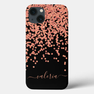 Roze Goud Zwart Glitter Monogram Naam iPhone 13 Hoesje