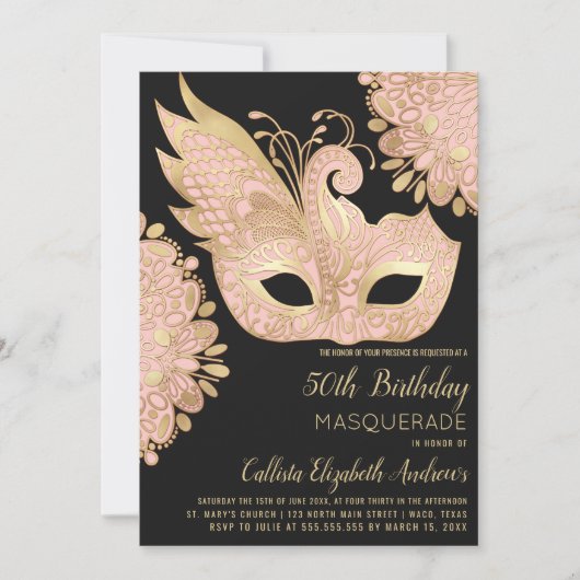 Roze Goud Zwart Maskerade Masker 50e Verjaardag Kaart (Voorkant)