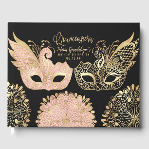  roze goud zwart maskerade masker quinceañera gastenboek