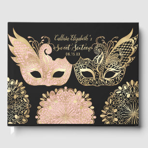  Roze Goud Zwart Maskerade Masker Sweet 16 Gastenboek
