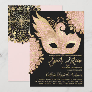  Roze Goud Zwart Maskerade Masker Sweet 16 Kaart