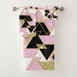 Roze Goud Zwart Wit Boho Glam Driehoeken Patroon Bad Handdoek