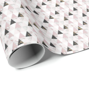 Roze Goud Zwart Wit Marmer Geometrische Verjaardag Cadeaupapier