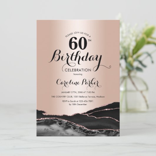Roze Goud Zwarte Agaat Marmer 60e Verjaardag Kaart (Staand voorkant)