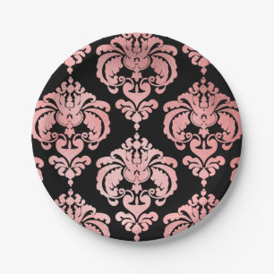 Roze Goud Zwarte Damast Vintage Trouwfeest Feestje Papieren Bordje
