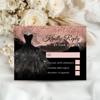 Roze Goud & Zwarte Princess Quinceañera RSVP Kaart