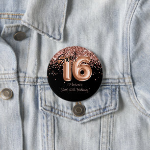 Roze Goud Zwarte Sweet 16 Verjaardagsfeestje Ronde Button 7,6 Cm