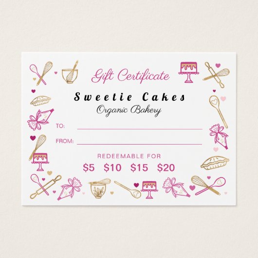 Roze goudbakkerij met gereedschap Cadeaucertificaa Visitekaartje (Voorkant)
