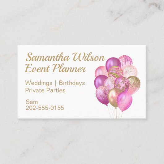 Roze goudballonnen visitekaartje (Voorkant)